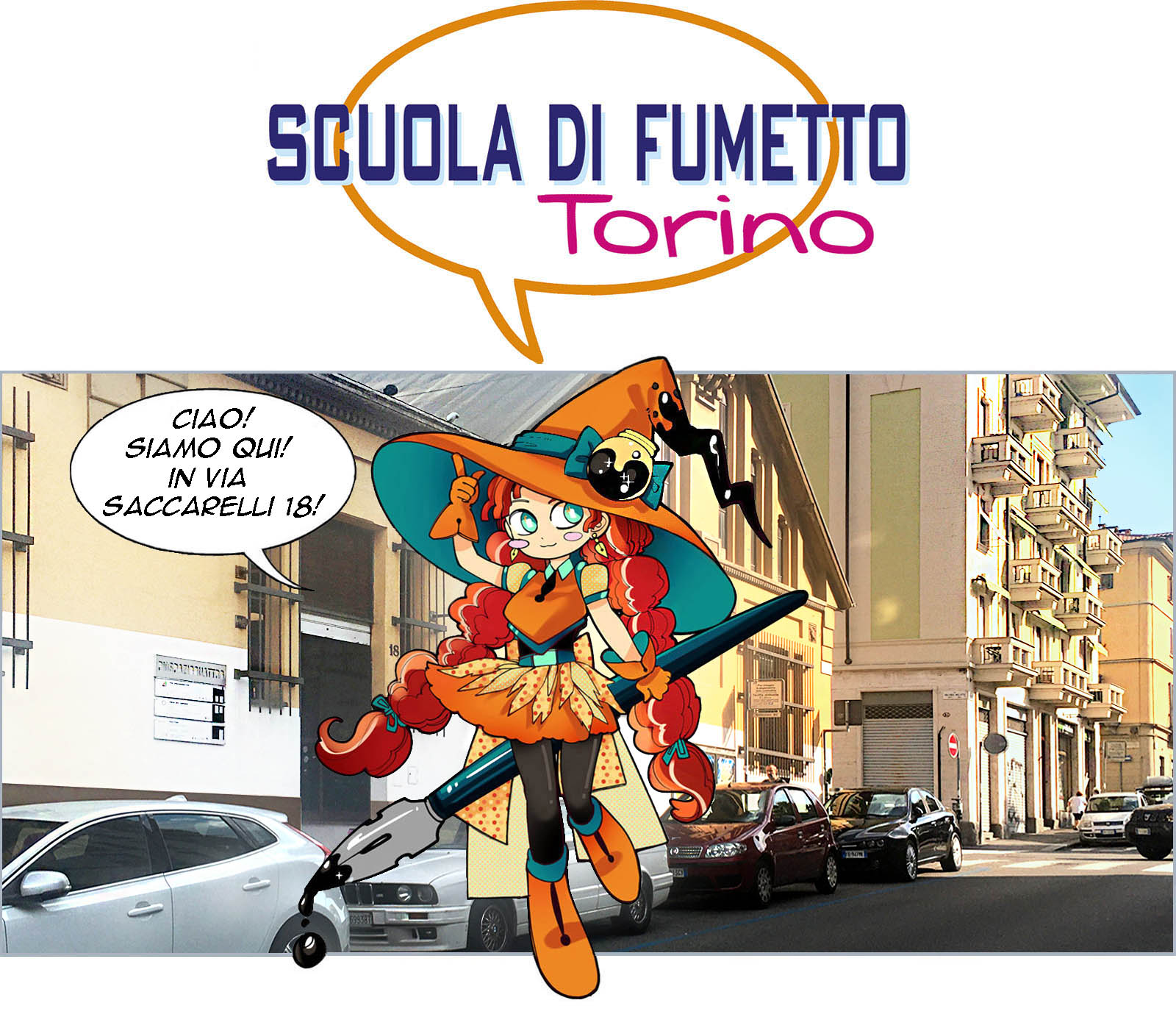 Foto della sede dei corsi a Torino. In primo pianodisegnata la mascotte della scuola.