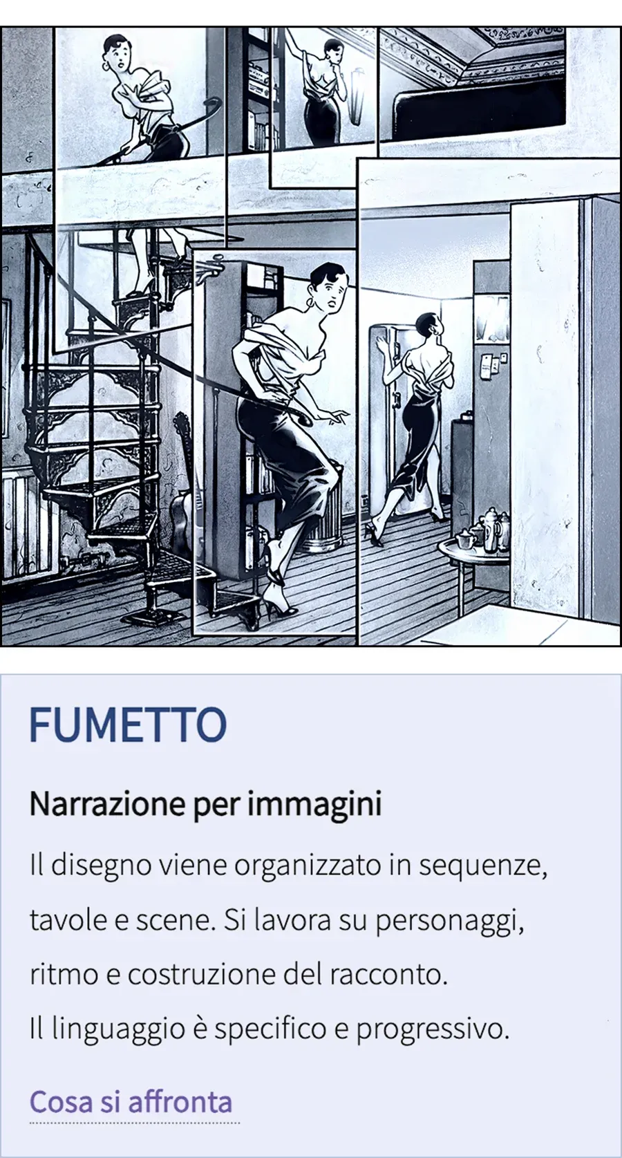 Tavola di fumetto con esercizio di inquadratura e movimento